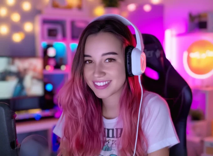 Smiling Woman with Headphones and Microphone
